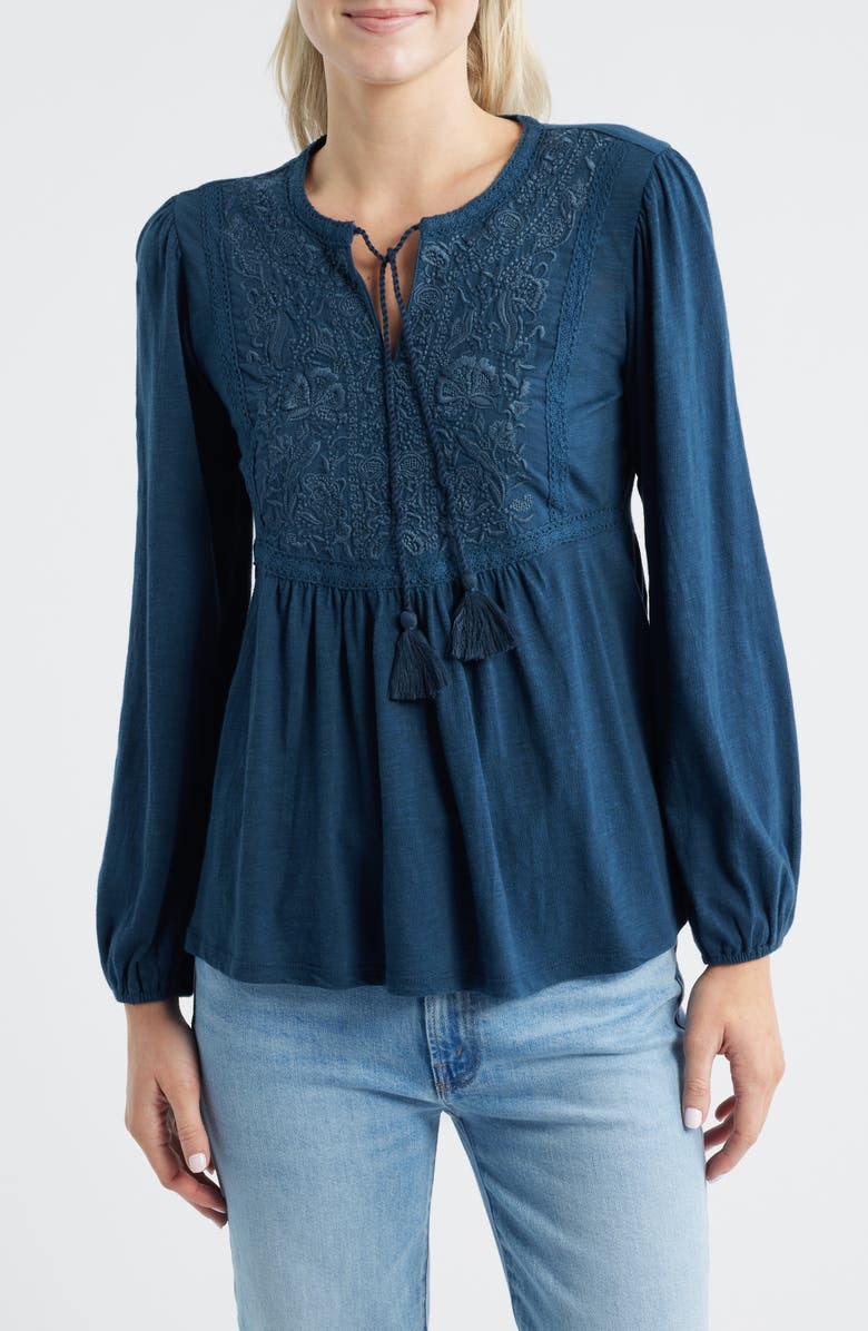 Lucky Brand Floral Embroidered Peplum Top, Main, color, Moonlit Ocean
