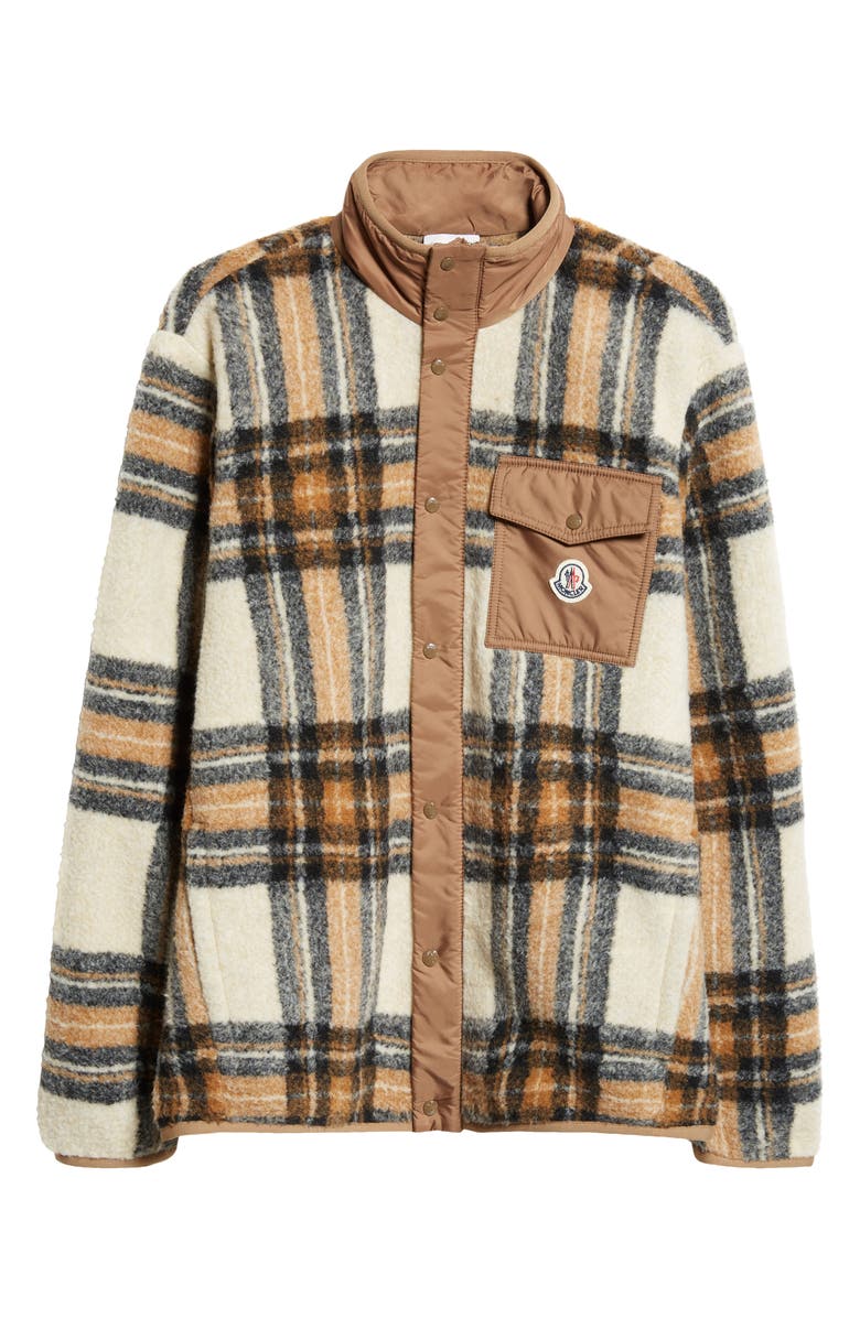 Moncler Plaid High Pile Fleece Snap-Up Jacket, Alternate, color, 