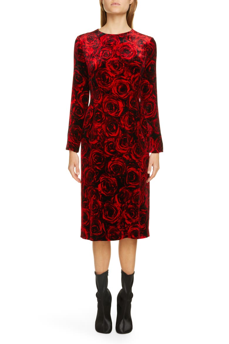 Delavinia Rose Print Long Sleeve Velvet Dress, Main, color, RED