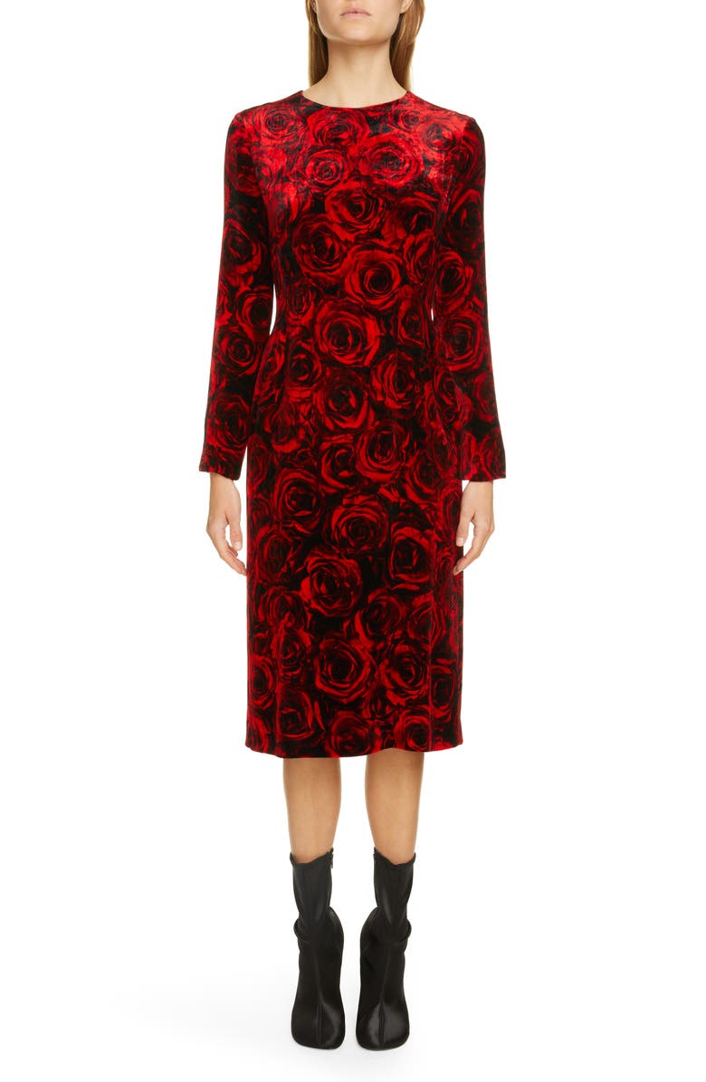 Dries Van Noten Delavinia Rose Print Long Sleeve Velvet Dress, Main, color, 