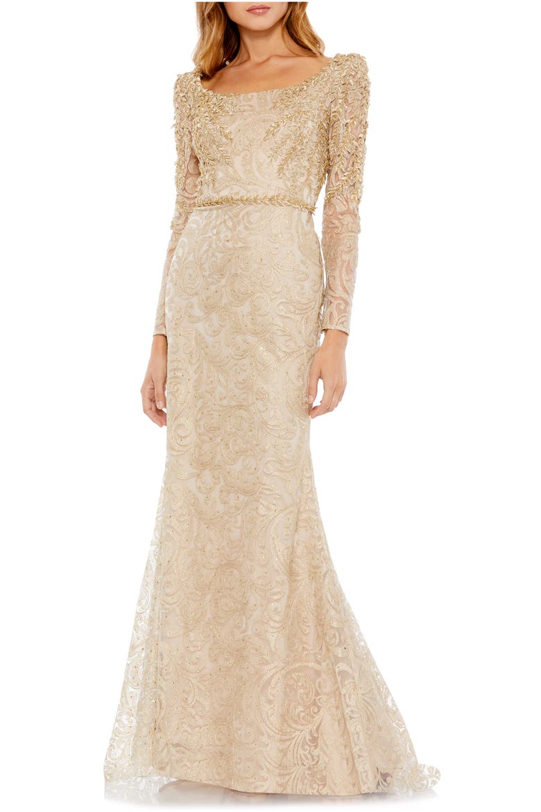 Embroidered Applique Shoulder Detail Trumpet Gown, Main, color, LIGHT GOLD