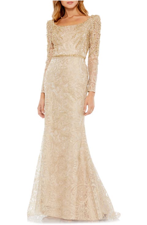 Embroidered Applique Shoulder Detail Trumpet Gown