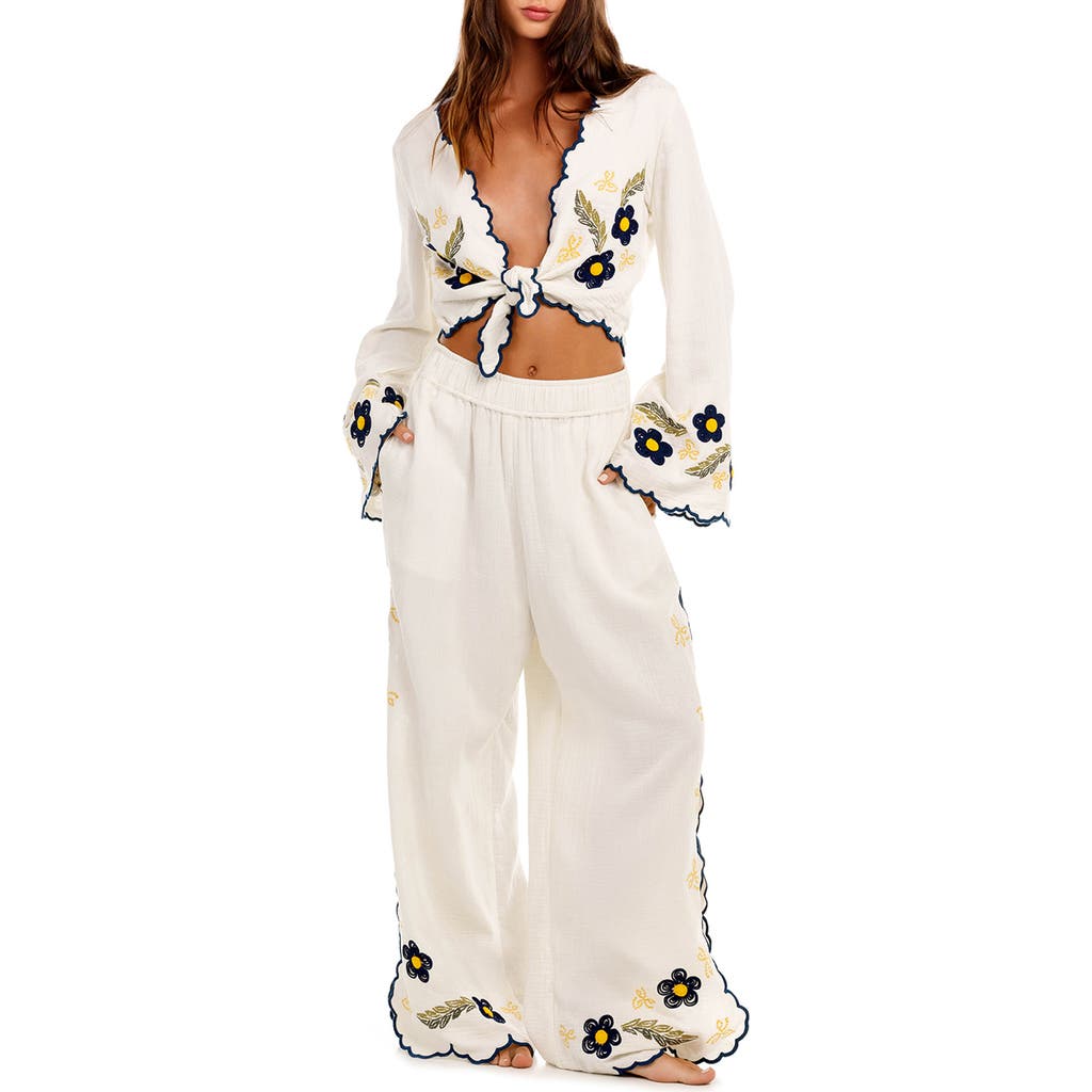 Agua Bendita Embroidered Wide Leg Cover-up Pants In White