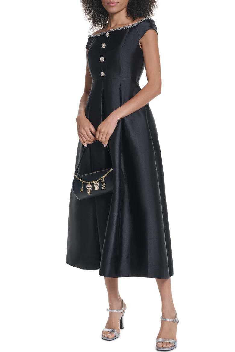 Rhinestone Off-the-Shoulder Satin Cocktail Dress, Alternate, color, BLACK