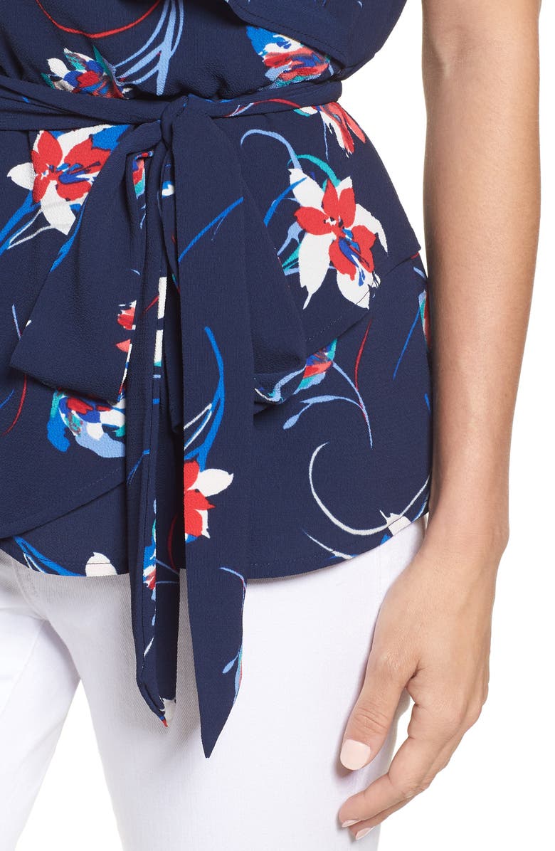 Halogen<sup>®</sup> Ruffled Tie Waist Top, Alternate, color, Navy Print