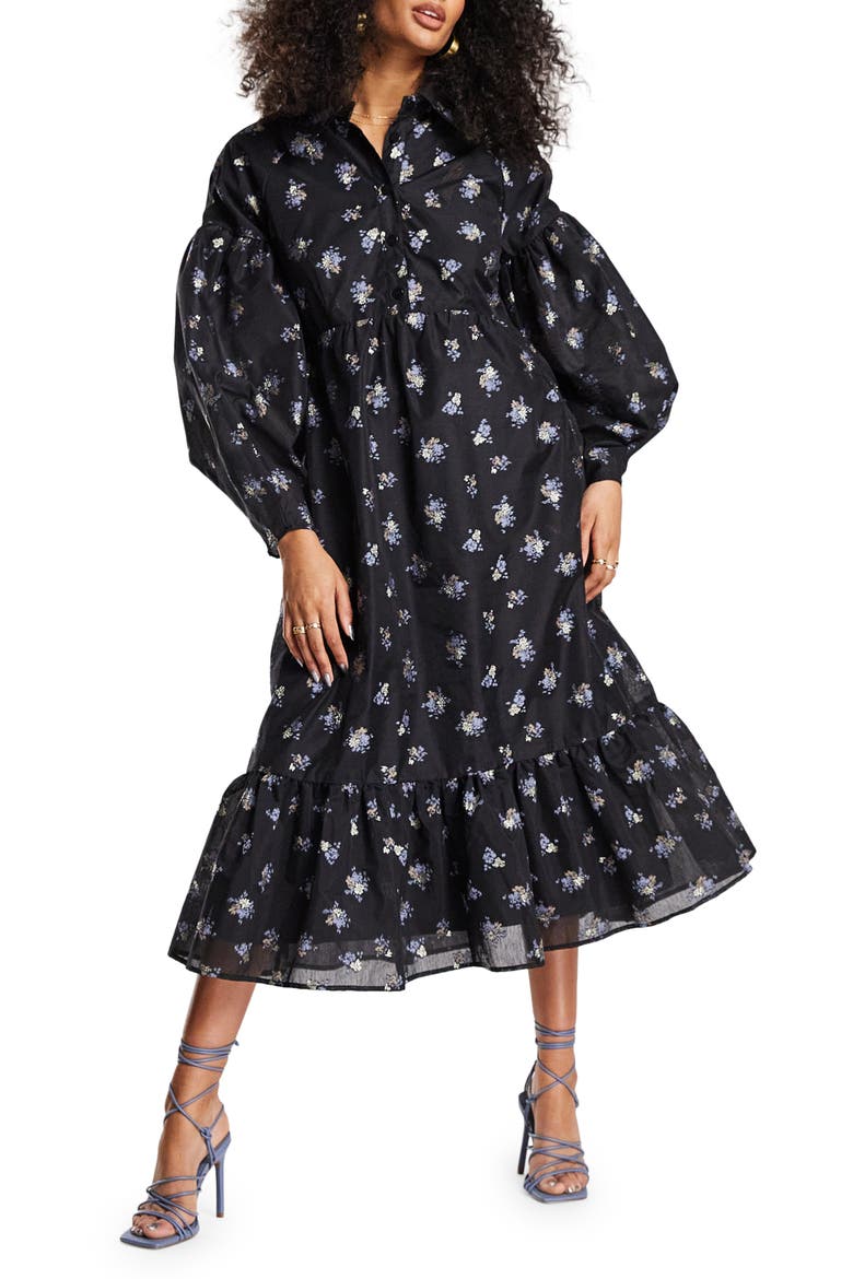 Collared Drop Shoulder Midi Dress, Main, color, BLACK