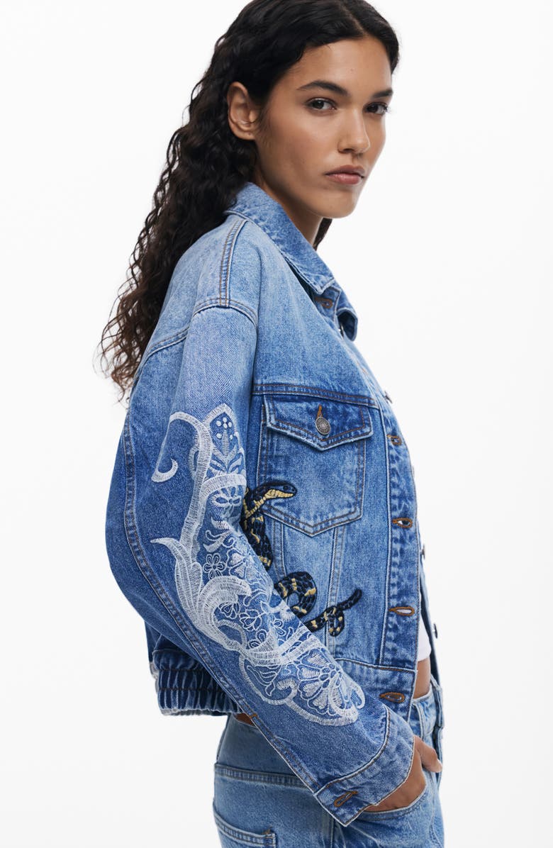 Desigual Embroidered Denim Trucker Jacket, Alternate, color, Medium Blue