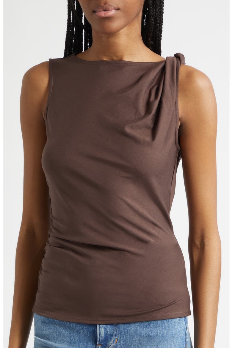 Otessa Twist Shoulder Ruched Top, Alternate, color, DARK MOCHA