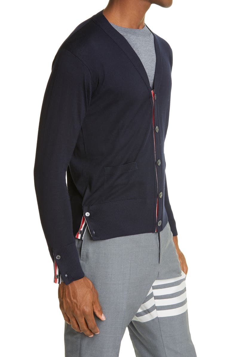 Thom Browne 4-Bar Merino Wool Cardigan, Alternate, color, Navy