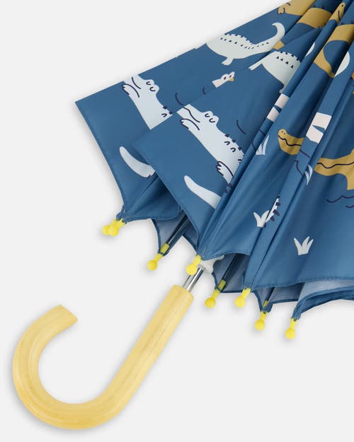 Deux Par Deux Kids Unisex Blue Umbrella With Crocodiles That Change Color Upon Contact With Water In Blue With Crocodile