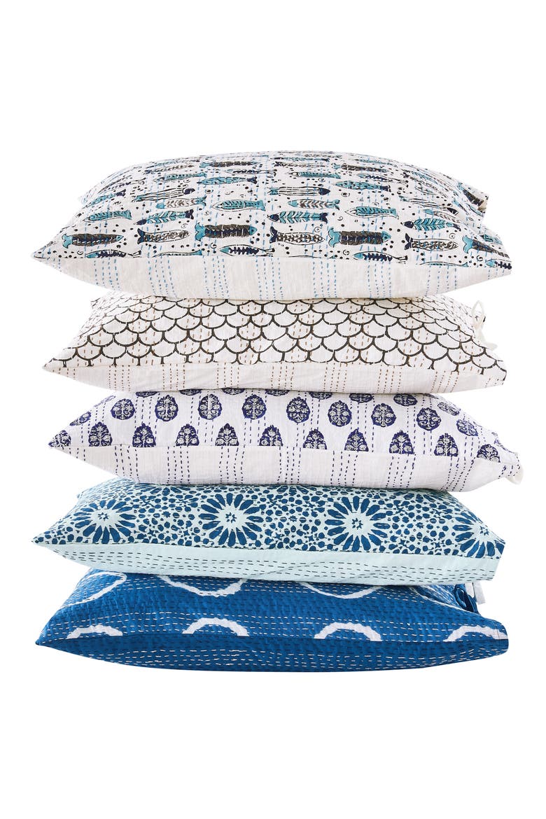 Fish Handstitched Kantha Set of 2 Cotton Shams, Alternate, color, INDIGO