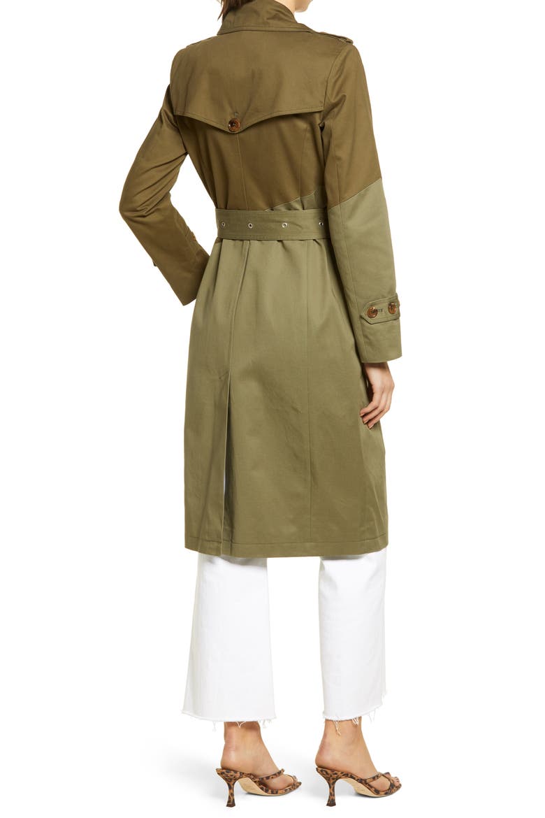 Pieced Colorblock Trench Coat, Alternate, color, TWO-TONE GREEN DUNE