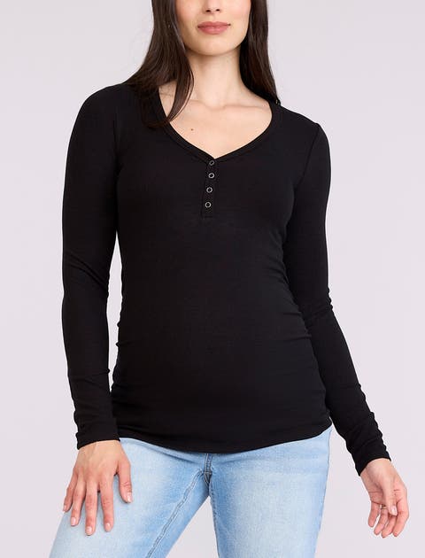 V-Neck Side-Ruched Long Sleeve Henley Tee