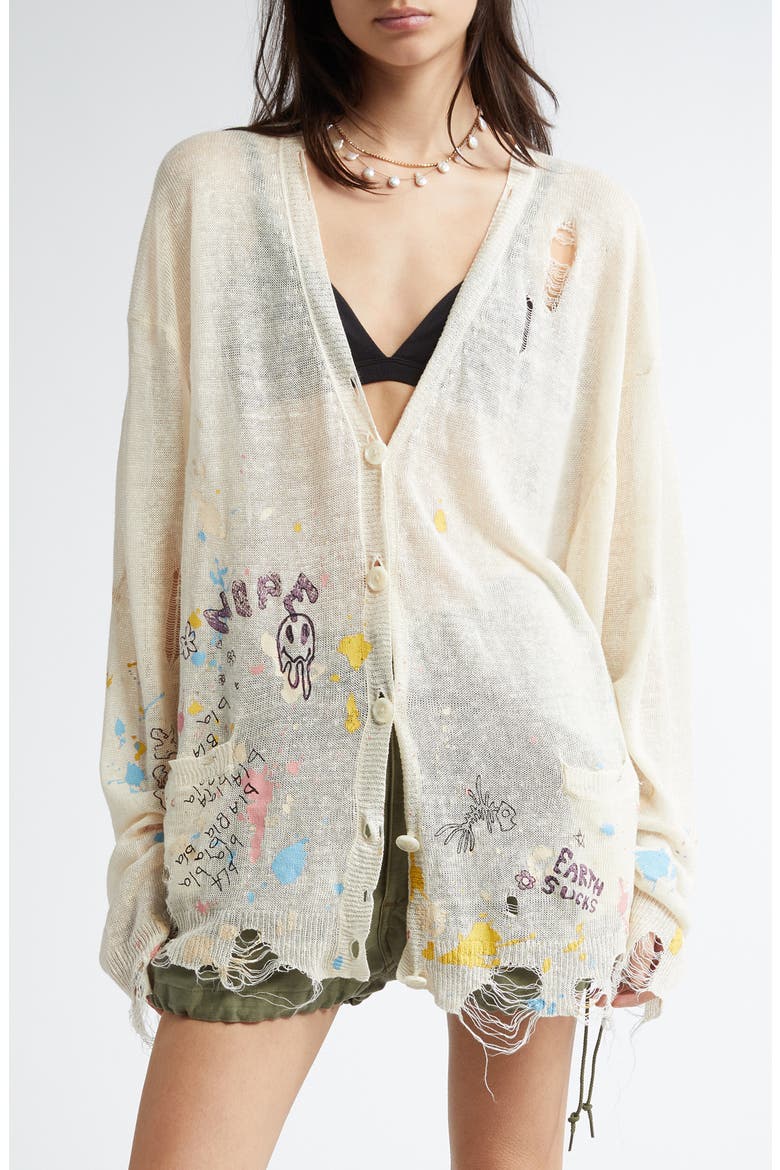 Distressed Oversize Scribble Print Boyfriend Cardigan, Main, color, CREAM PAINT SPLATTER SCRIBBLES