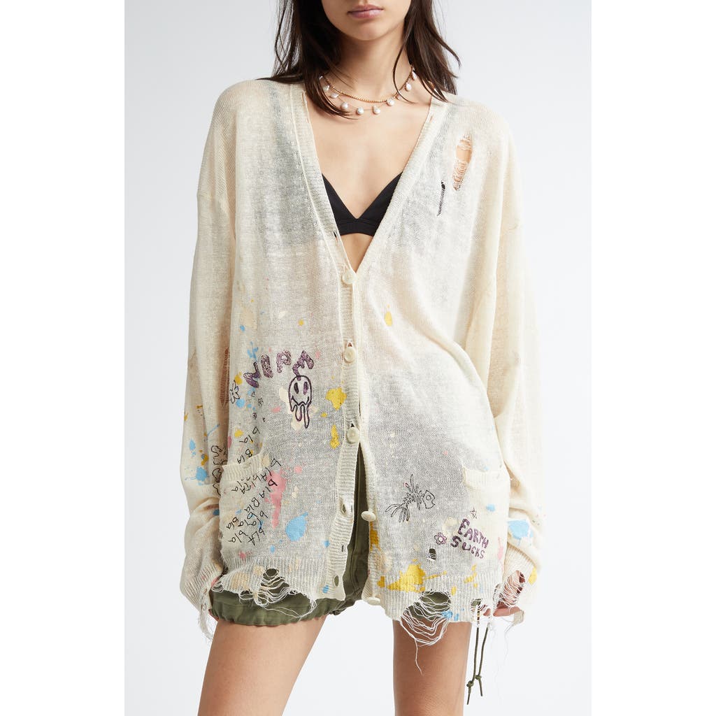 R13 R13 DISTRESSED OVERSIZE SCRIBBLE PRINT BOYFRIEND CARDIGAN
