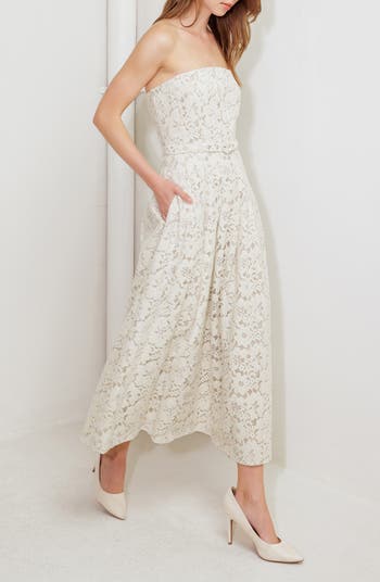 Strapless Belted Cotton Blend Lace Cocktail Dress