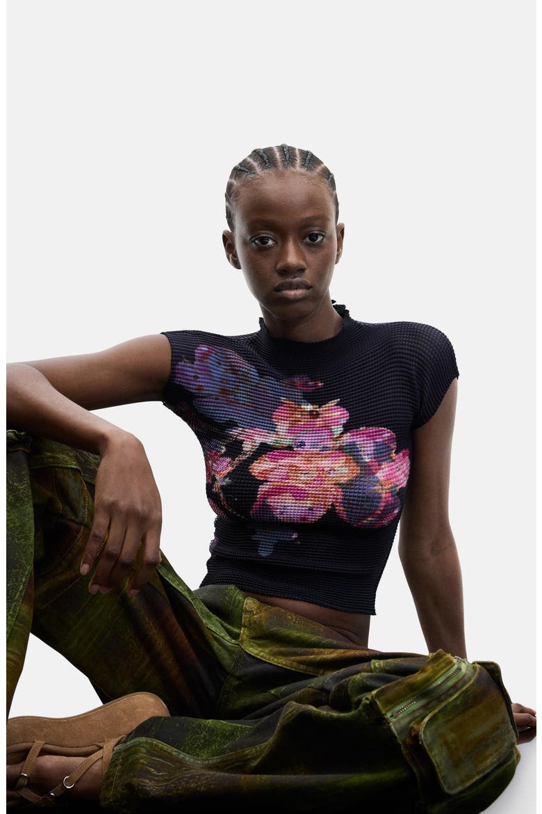 Floral Waffle Knit Top, Alternate, color, BLACK