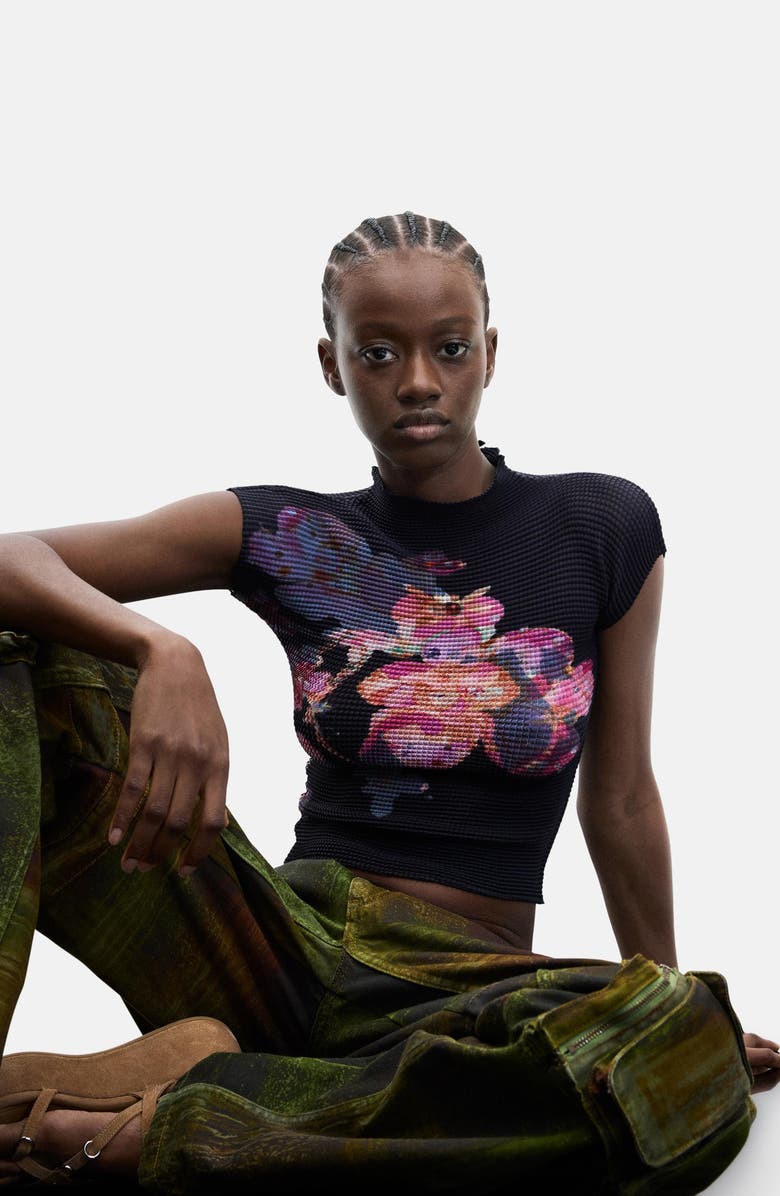 Desigual Floral Waffle Knit Top, Alternate, color,