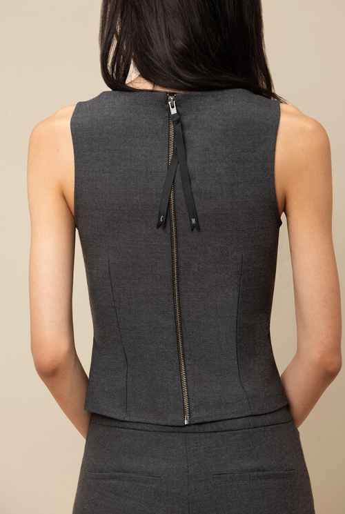 Contessa Mills Cora Elegant Textured Twill Boatneck With Shell Buttons Top In Blue