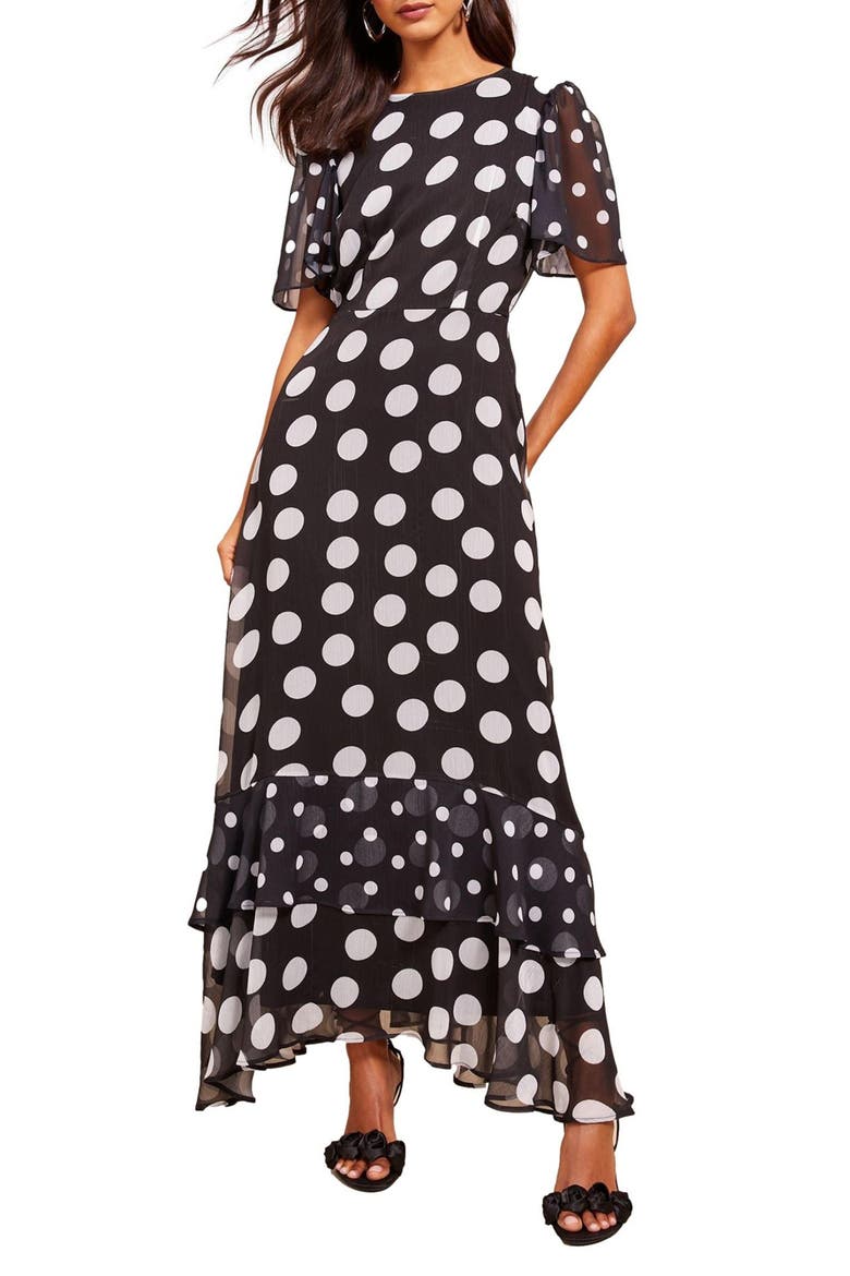 Mixed Dot Chiffon Maxi Dress, Main, color, BROWN