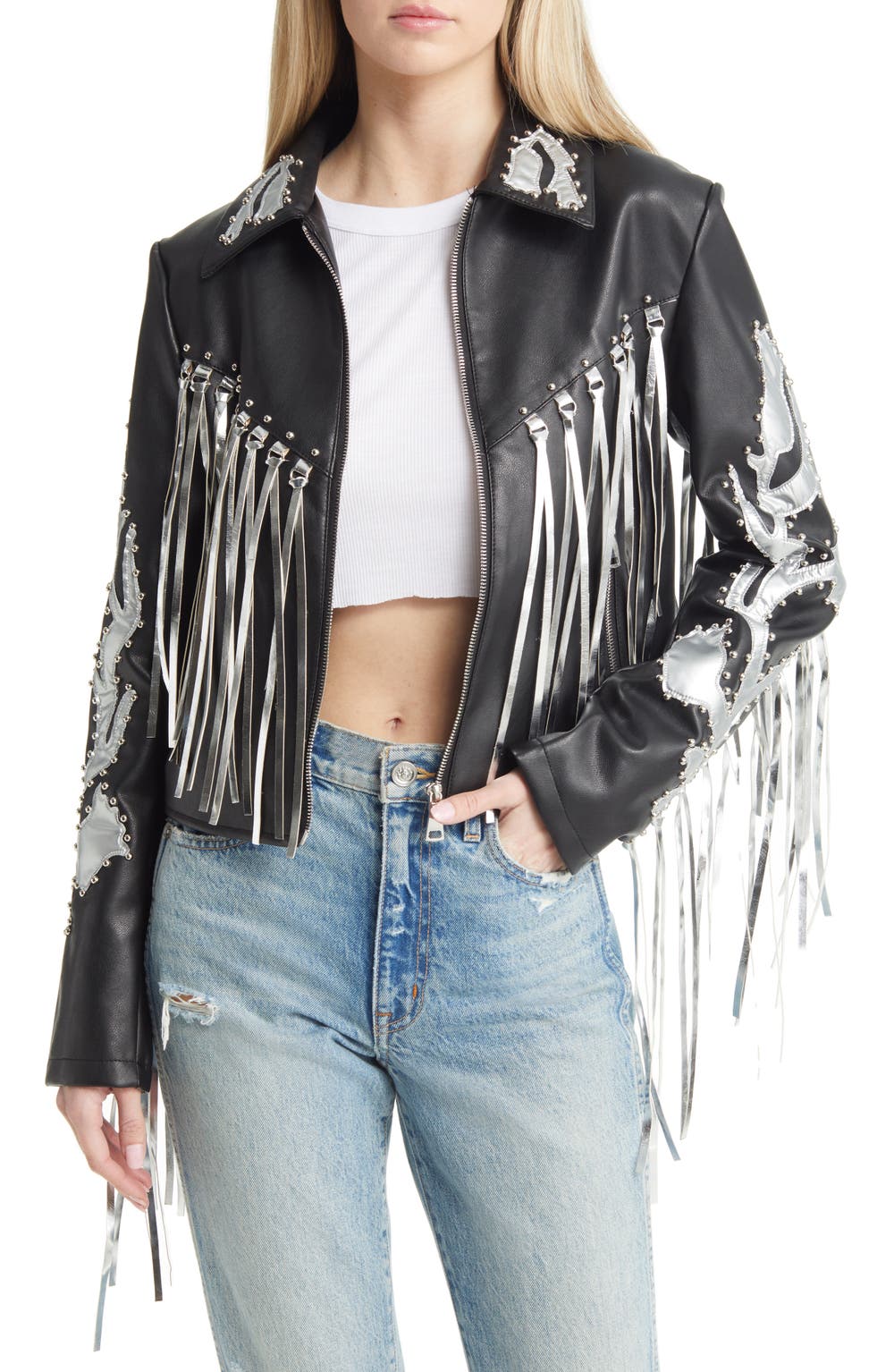 Western Fringe & Stud Faux Leather Jacket, color, BLACK