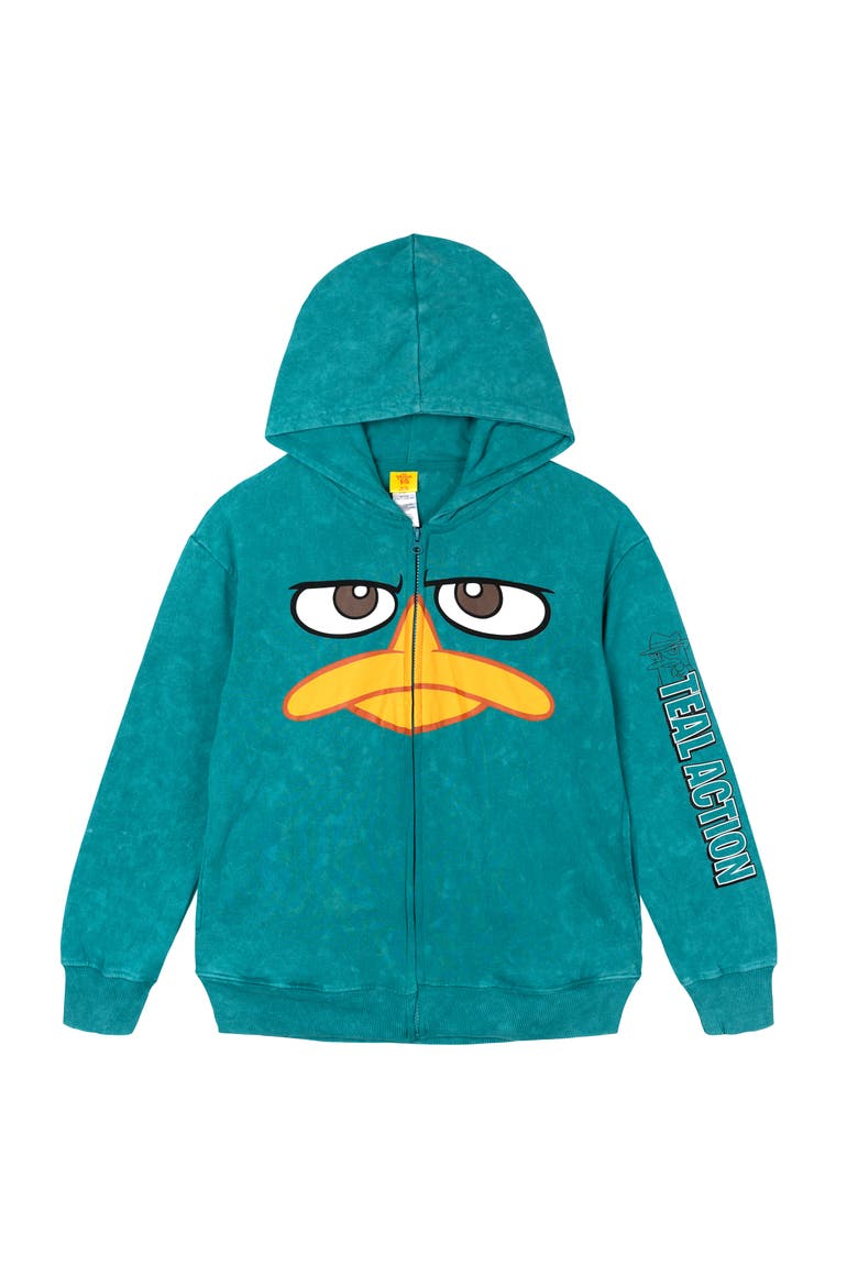 Phineas and Ferb Perry the Platypus Cosplay Fleece Zip-Up Hoodie, Main, color, Agent P Mineral Teal