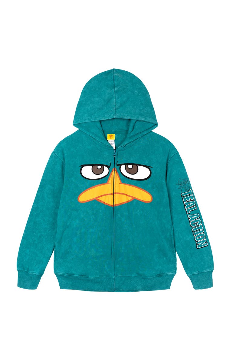 Disney Phineas and Ferb Perry the Platypus Cosplay Fleece Zip-Up Hoodie, Main, color, Perry Mineral Teal