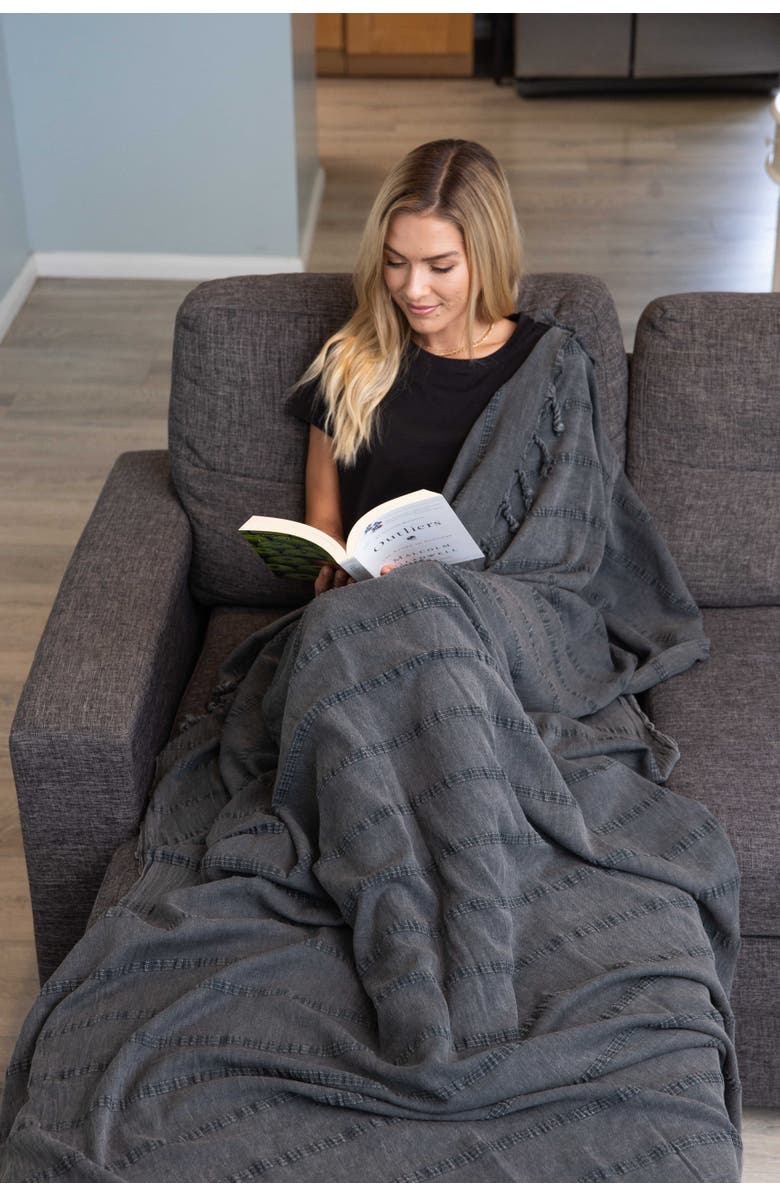 InfuseZen Stonewashed Organic XL Turkish Throw Blanket, Alternate, color, Faded Black