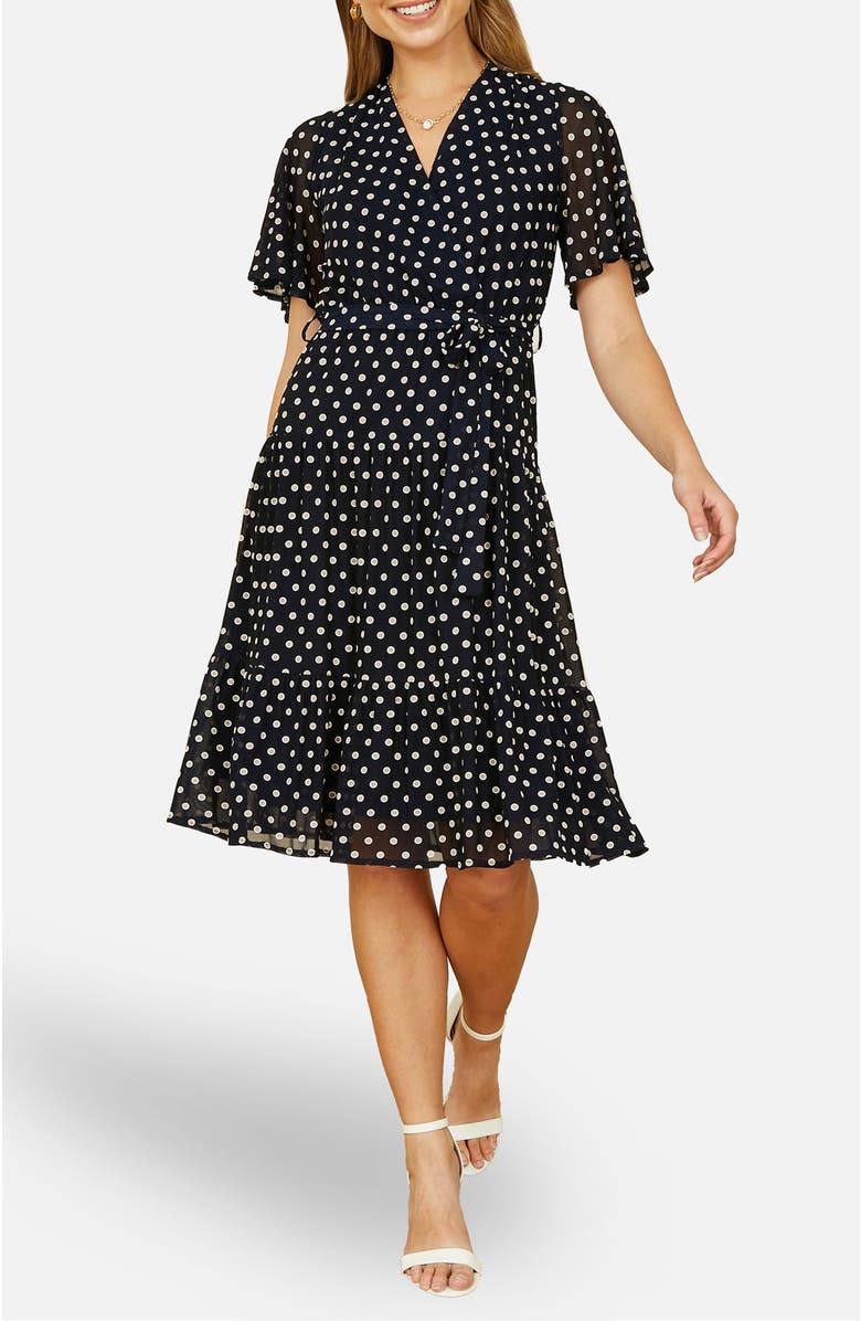 Yumi Dot Print Mesh Stretch Midi Skater Dress, Alternate, color, Navy