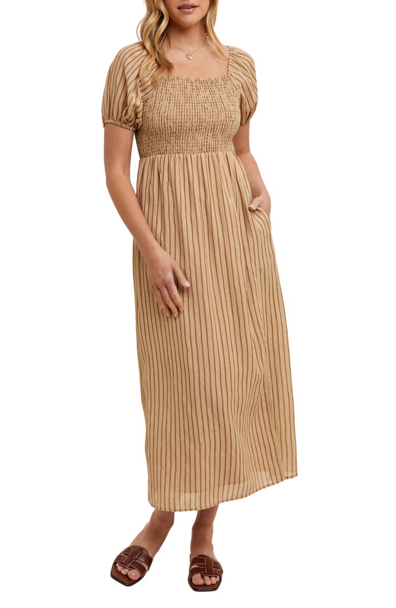 WISHLIST Stripe Short Sleeve Midi Dress, Main, color, Taupe/ Camel
