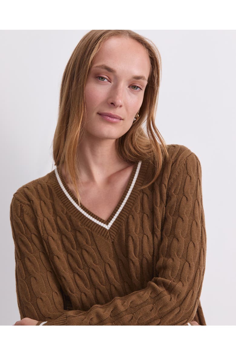 Merino Cable V Neck Sweater, Alternate, color, Tobacco