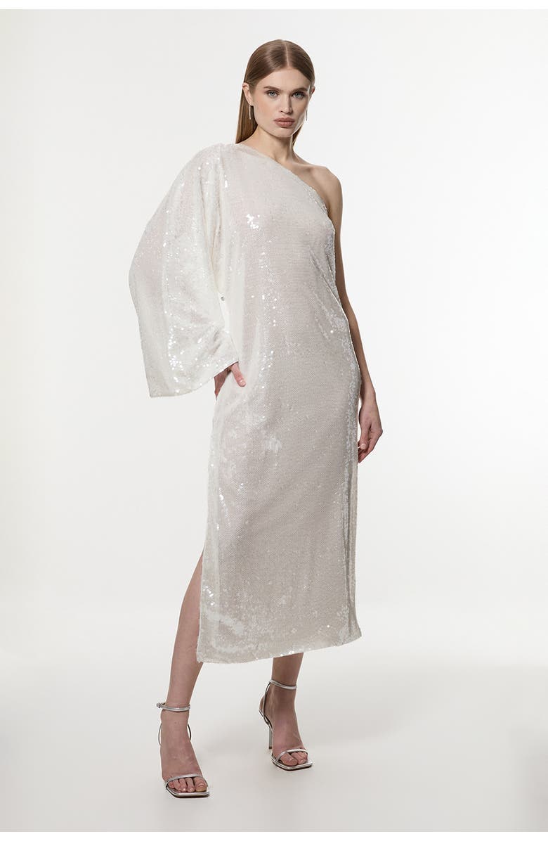 Karen Millen One Shoulder Woven Sequin Dress, Main, color, White