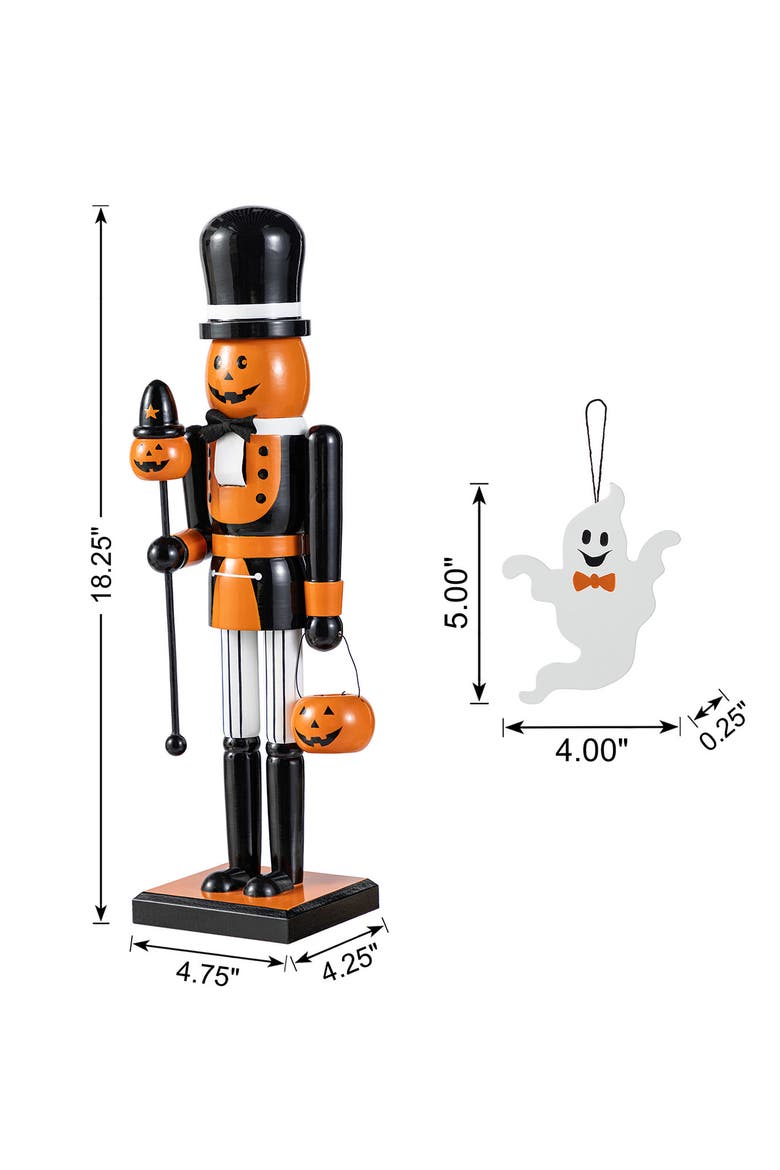 Halloween Wooden Pumpkin Nutcracker with Ghost Ornament, Alternate, color, Orange