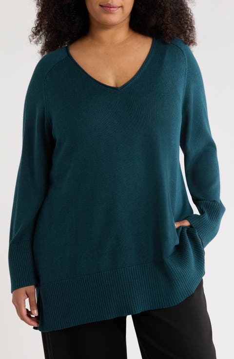 V-Neck Organic Cotton Blend Sweater (Plus)