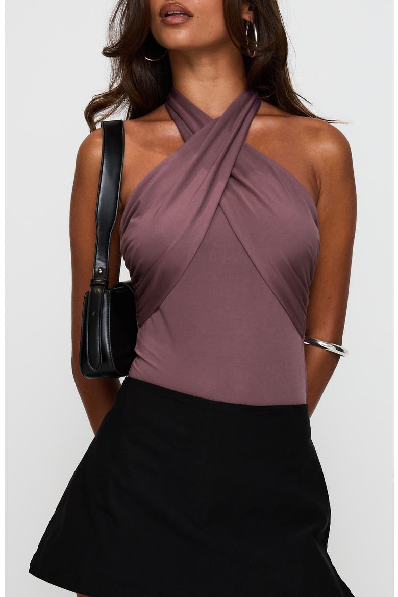 Shoot A Shot Wrap Halter Bodysuit, Main, color, PLUM