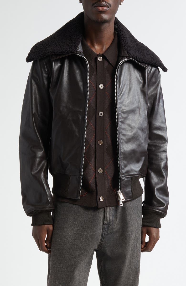 OUR LEGACY Pharos Leather Bomber Jacket with Removable Genuine Shearling Collar, Main, color, Umber Brown Fluid Calfskin