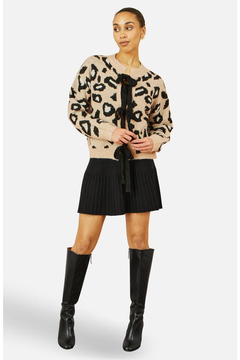 Animal Print Intarsia Tie Front Cardigan, Alternate, color, Beige