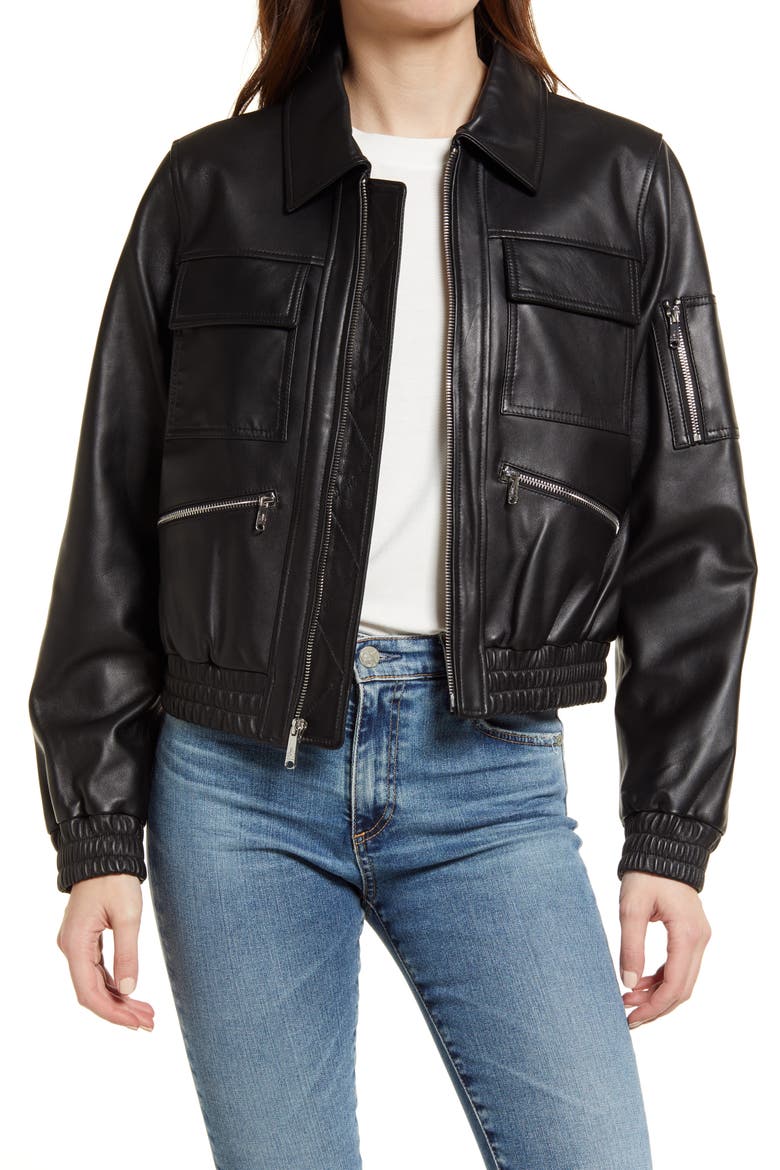 Leather Bomber Jacket, Alternate, color, BLACK