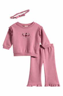 Ruffle Trim Sweatshirt, Wide Leg Pants & Headband Set