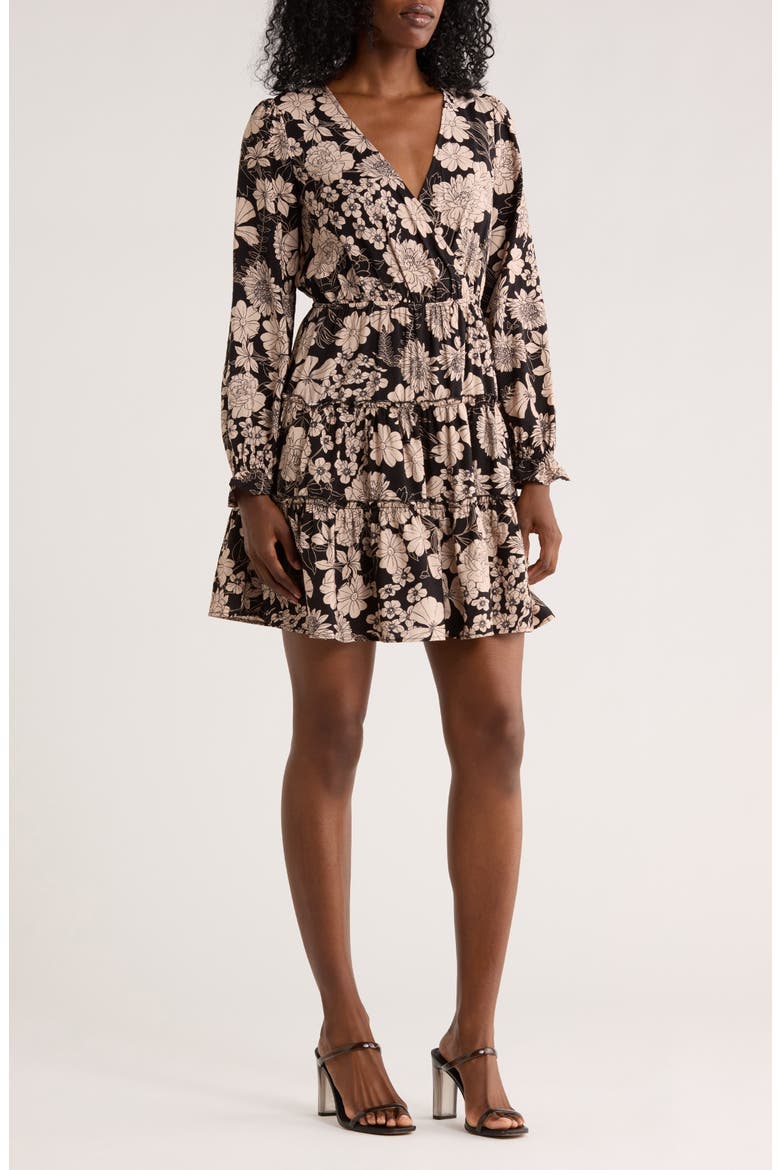 Floral Tiered Long Sleeve Minidress, Main, color, BLACK/ TAUPE