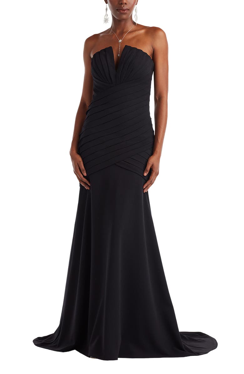 Tadashi Shoji Pleated Notched Strapless Gown, Alternate, color, Black