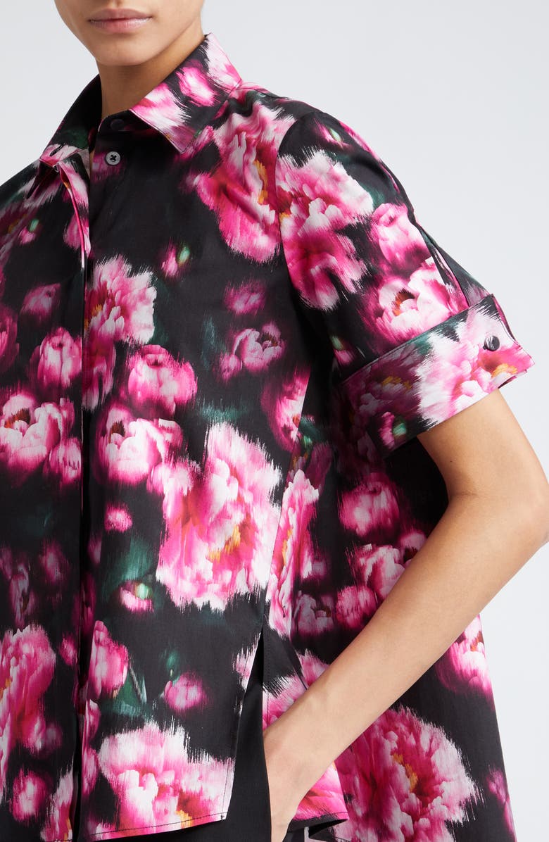 Adam Lippes Floral Print Stretch Poplin Trapeze Shirt, Alternate, color, Black Floral