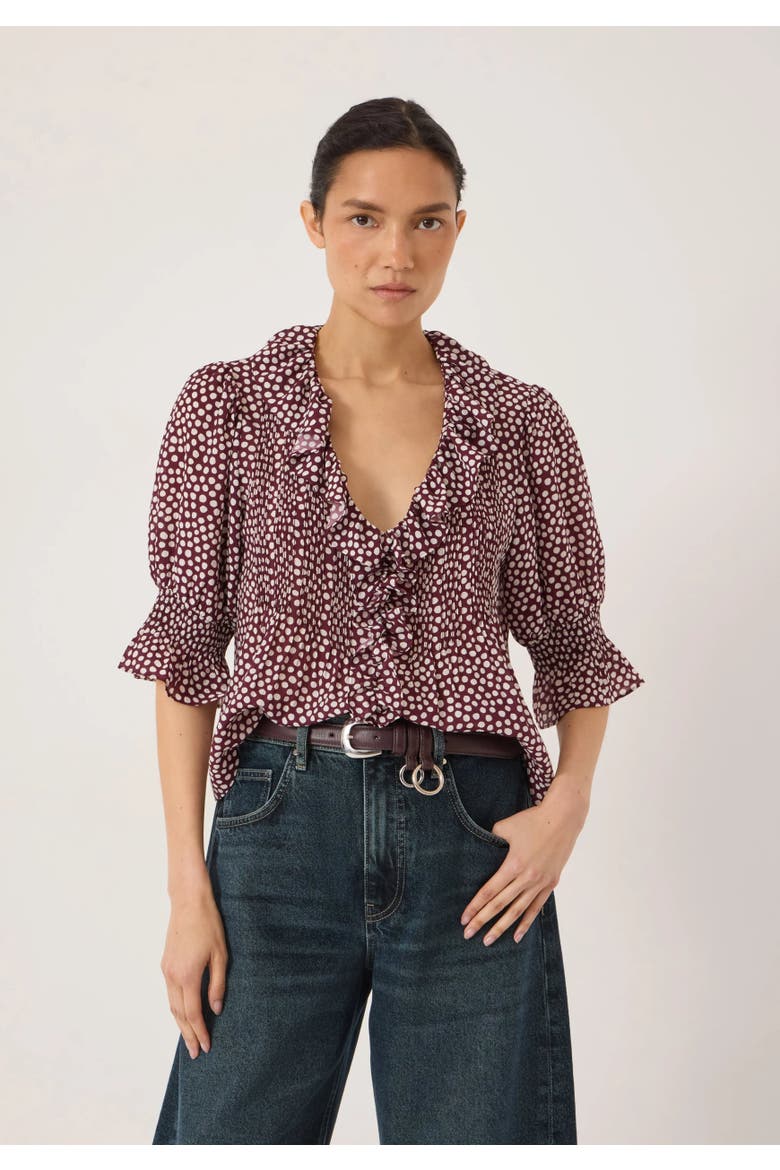 Mirae Ruffle Short Sleeve Blouse, Main, color, Allover Dot Blue