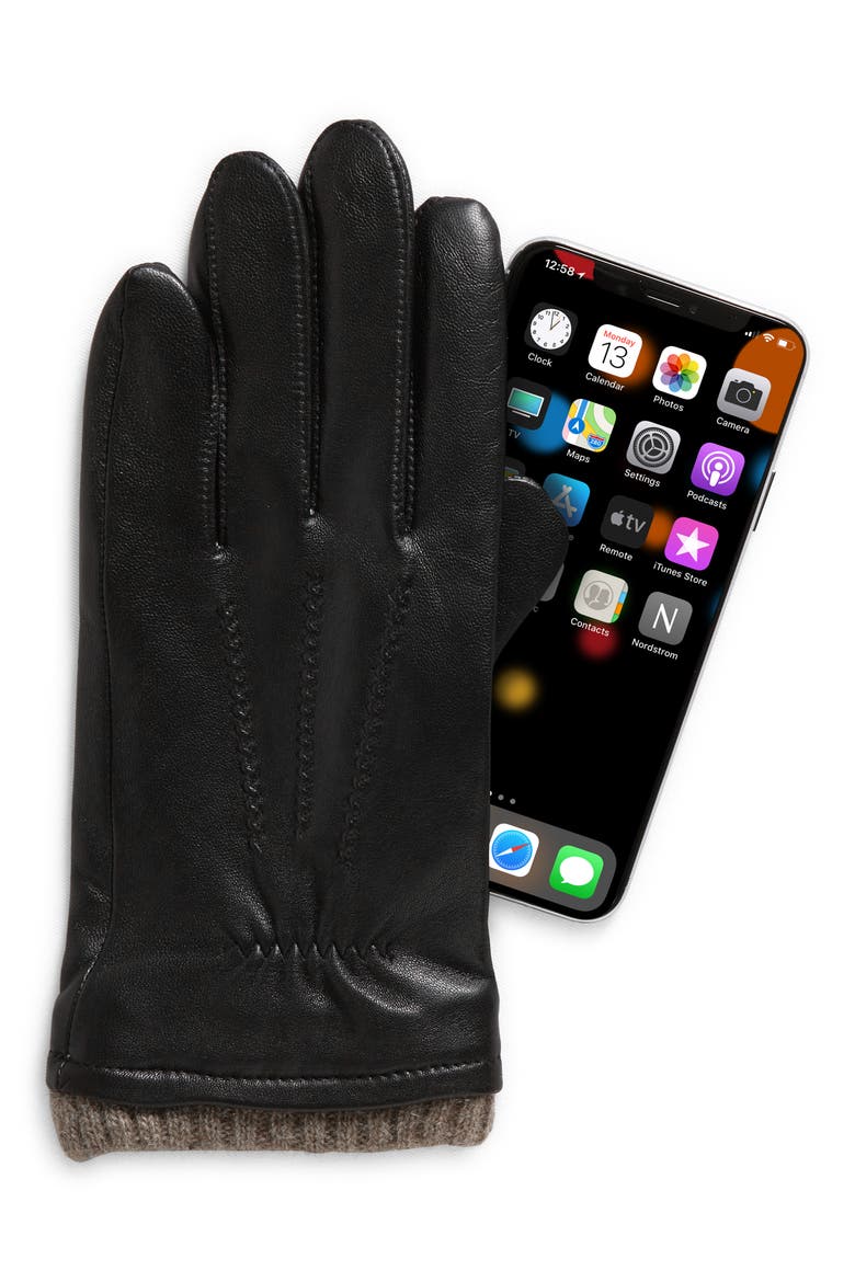 Leather Cashmere Cuff Tech Gloves, Alternate, color, BLACK