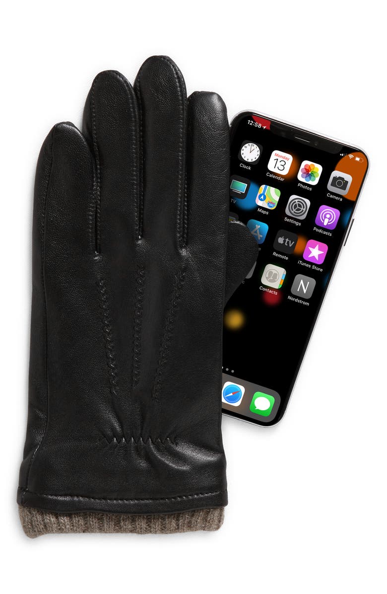 Nordstrom Leather Cashmere Cuff Tech Gloves, Alternate, color, Black