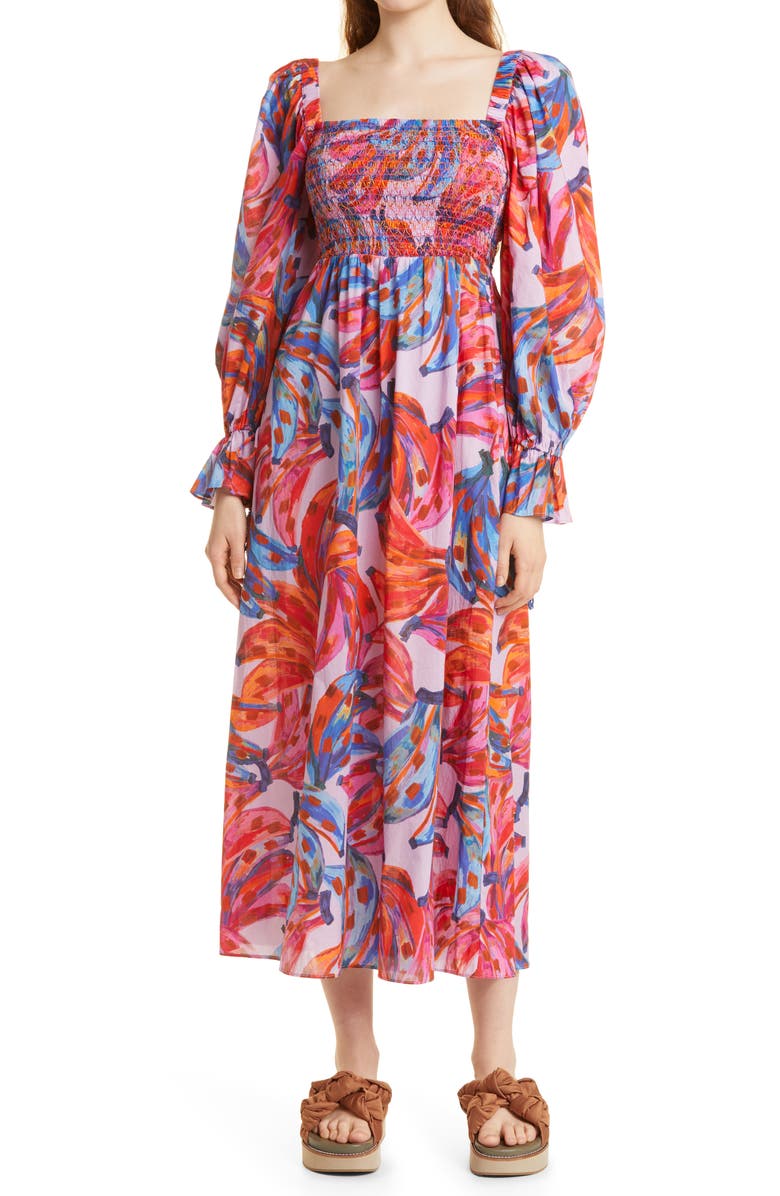 FARM Rio Bananas Smocked Long Sleeve Maxi Dress, Main, color, 