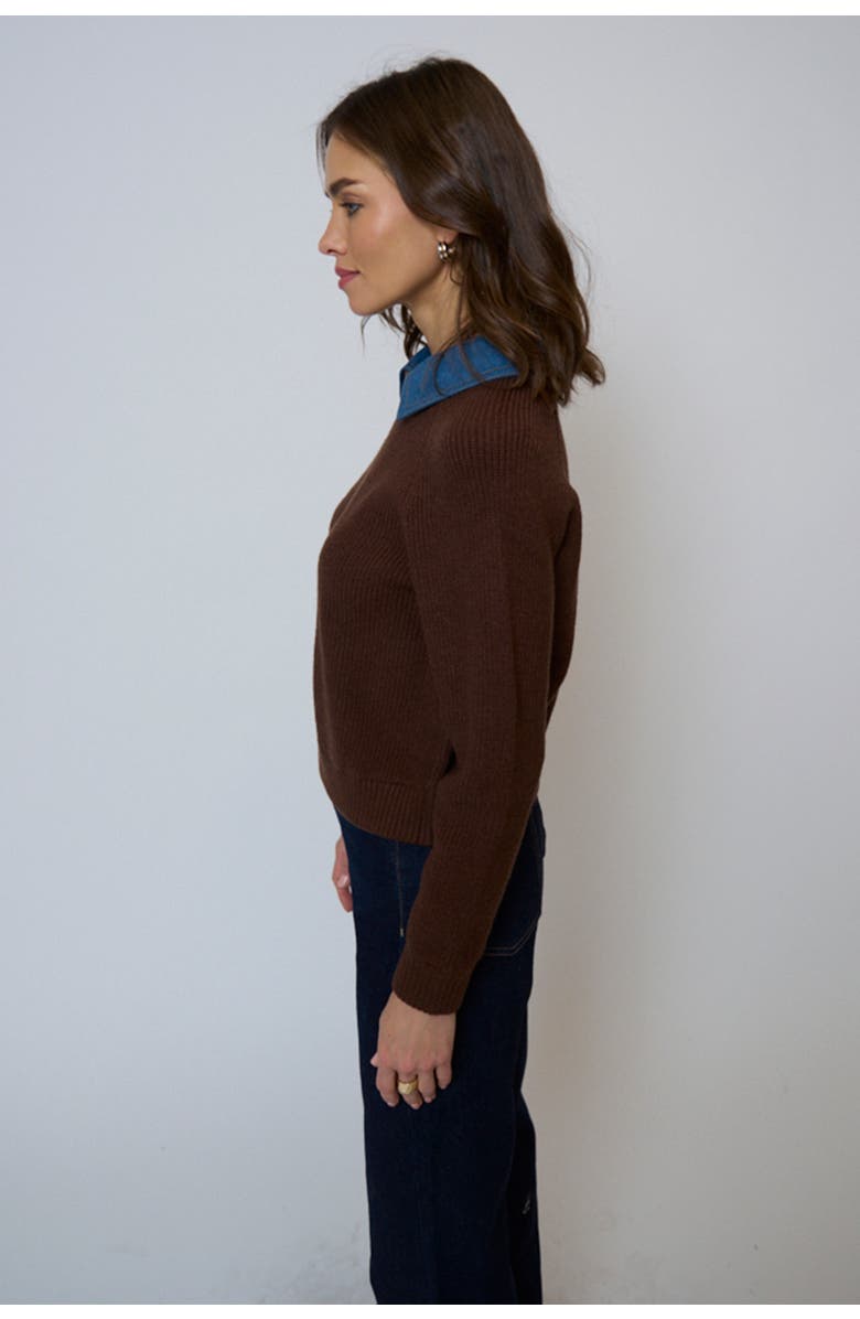Central Park West Dash Denim Collar Pullover, Alternate, color, Brown