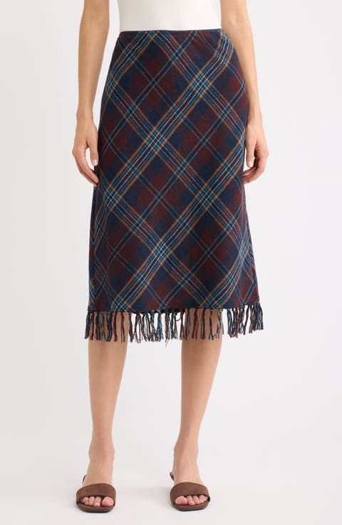 Elowette Plaid Fringe Midi Skirt