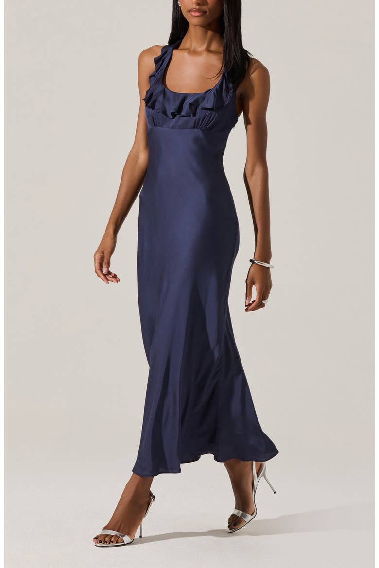 Morrigan Ruffle Halter Satin Maxi Dress, Alternate, color, NAVY