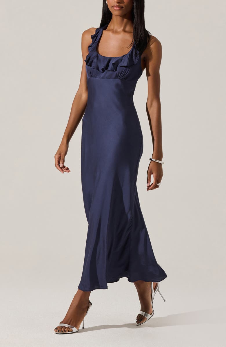 ASTR the Label Morrigan Ruffle Halter Satin Maxi Dress, Alternate, color, Navy